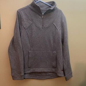 Roots grey polyester sweater with a bit of fuzziness.